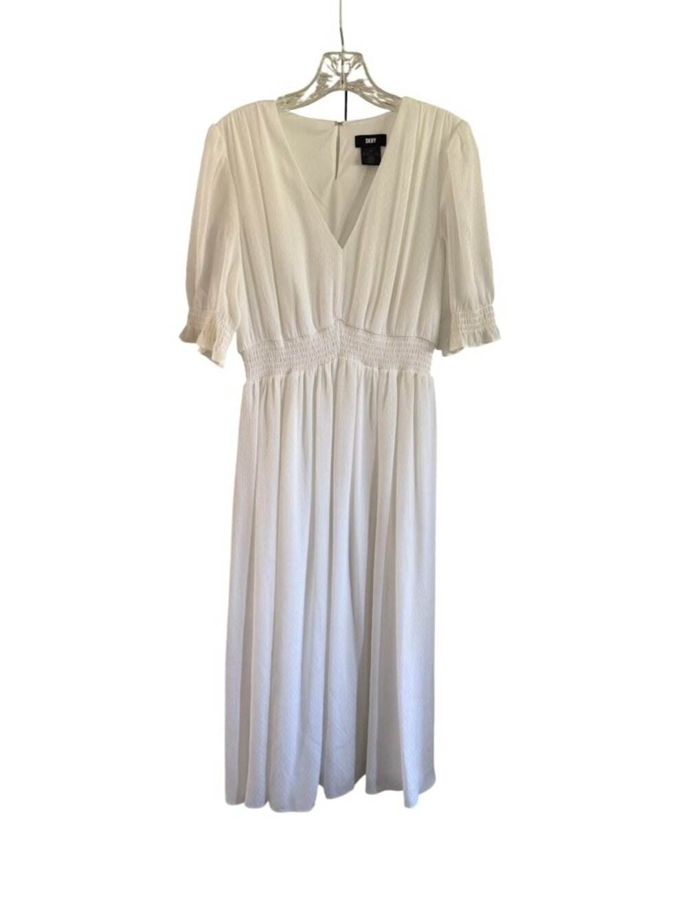 DKNY Smocked Sleeve Midi Dress V-Neck Puff Sleeve Fit & Flare Size 10